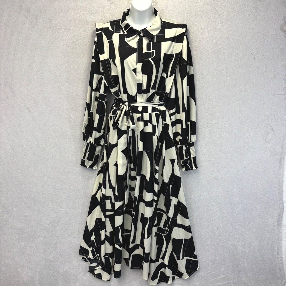 Zoe and Claire Belted Maxi Dress Womens L Black White Geometric Button Office